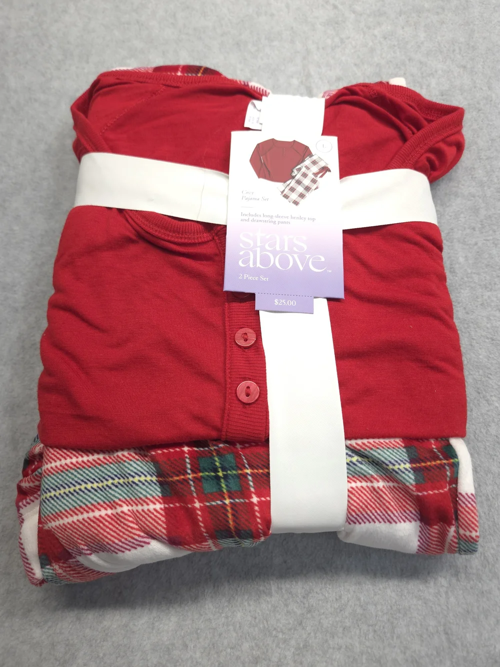0375 stars above Red Top with Red & White Plaid Pajama Pants